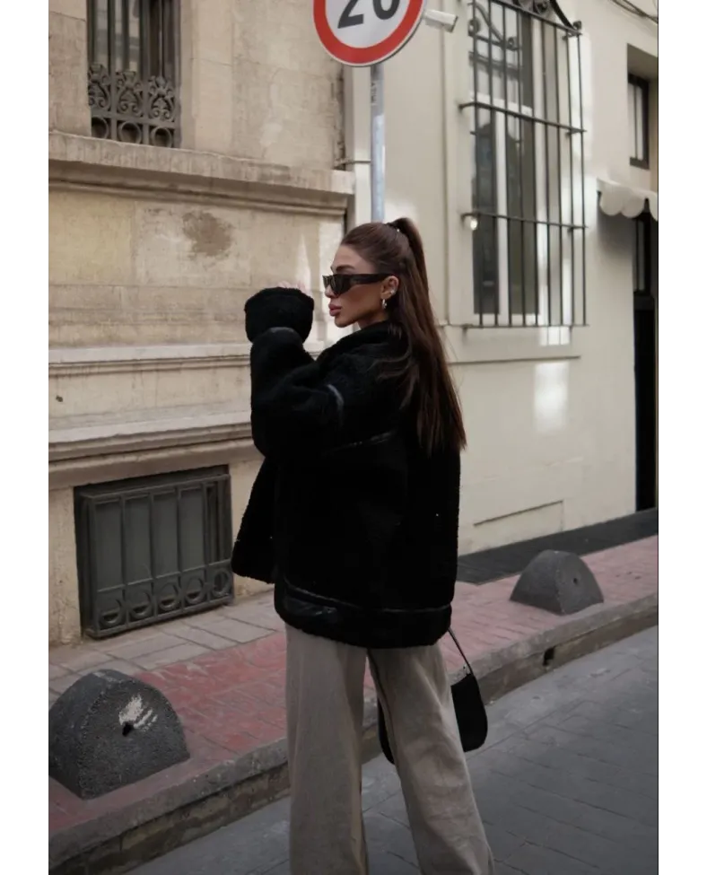 Cıt Cıt Detaylı Peluş Mont Ceket - Siyah