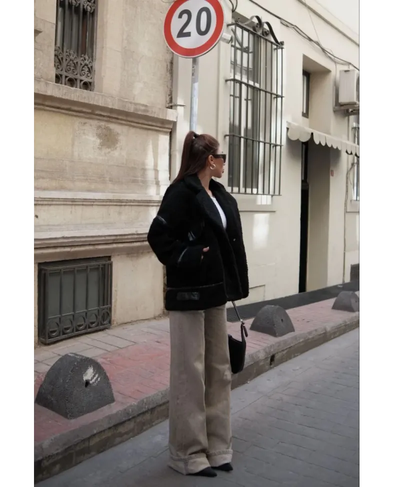 Cıt Cıt Detaylı Peluş Mont Ceket - Siyah