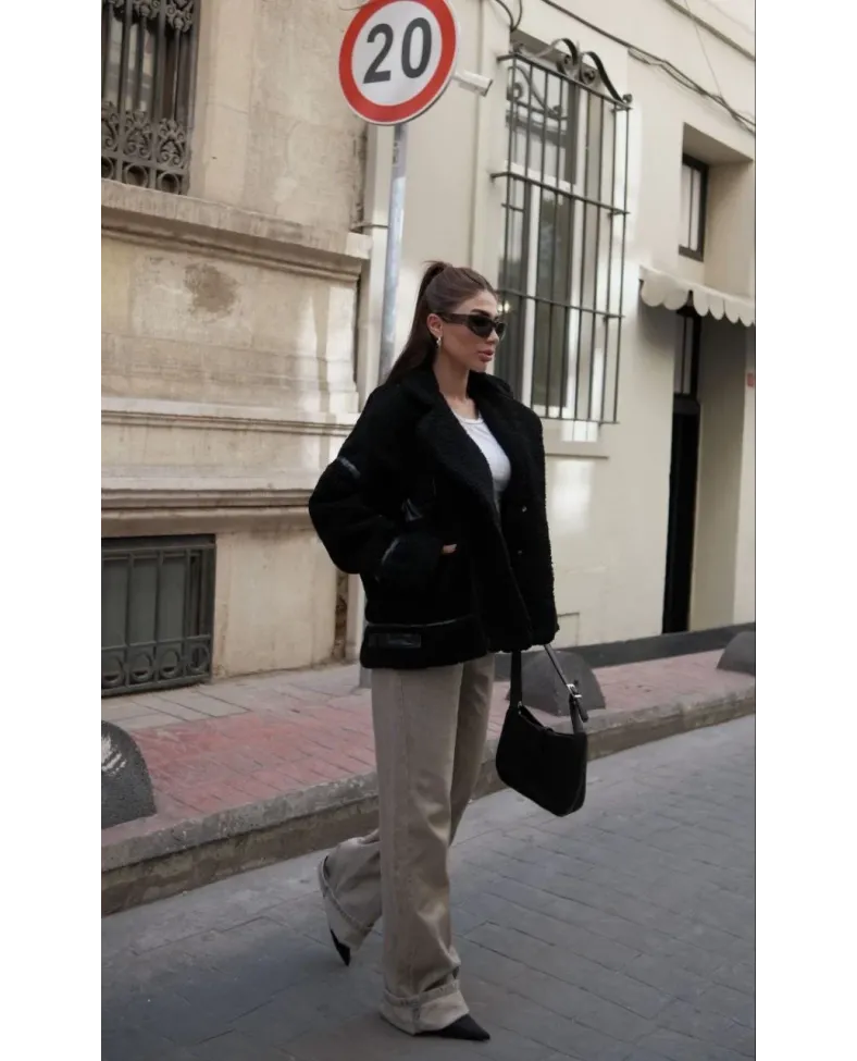 Cıt Cıt Detaylı Peluş Mont Ceket - Siyah