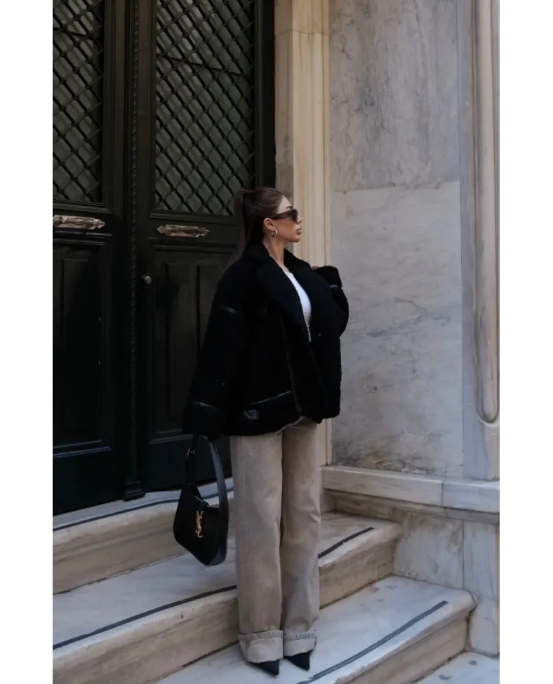 Cıt Cıt Detaylı Peluş Mont Ceket - Siyah