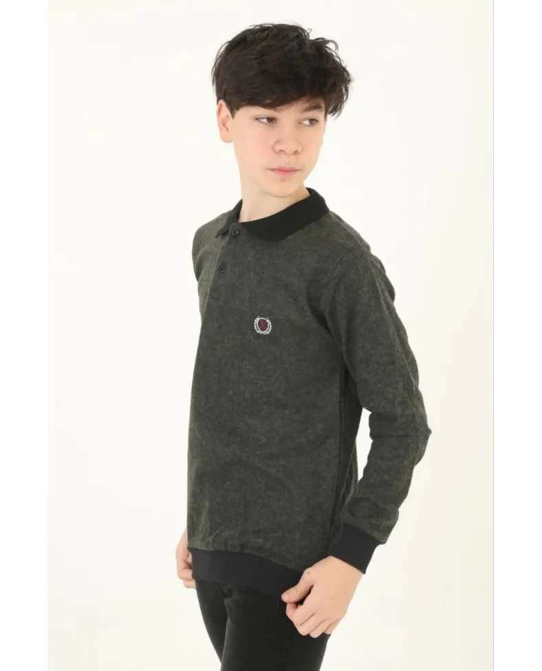 Çocuk Selanik Yaka Nakışlı Kazak - Haki