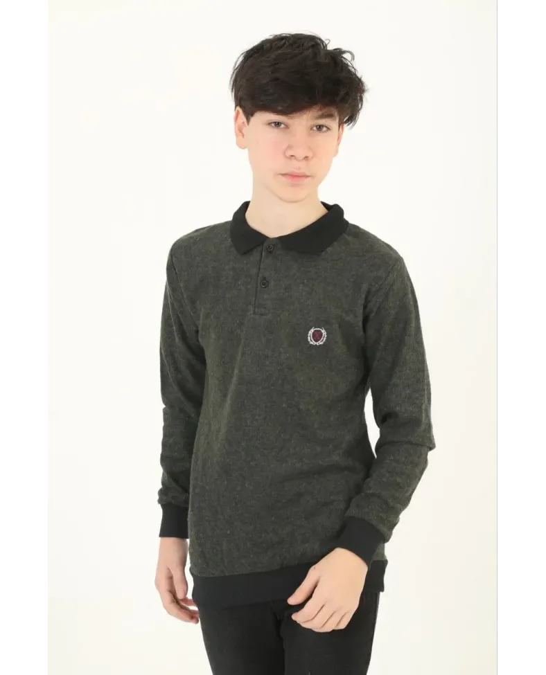 Çocuk Selanik Yaka Nakışlı Kazak - Haki