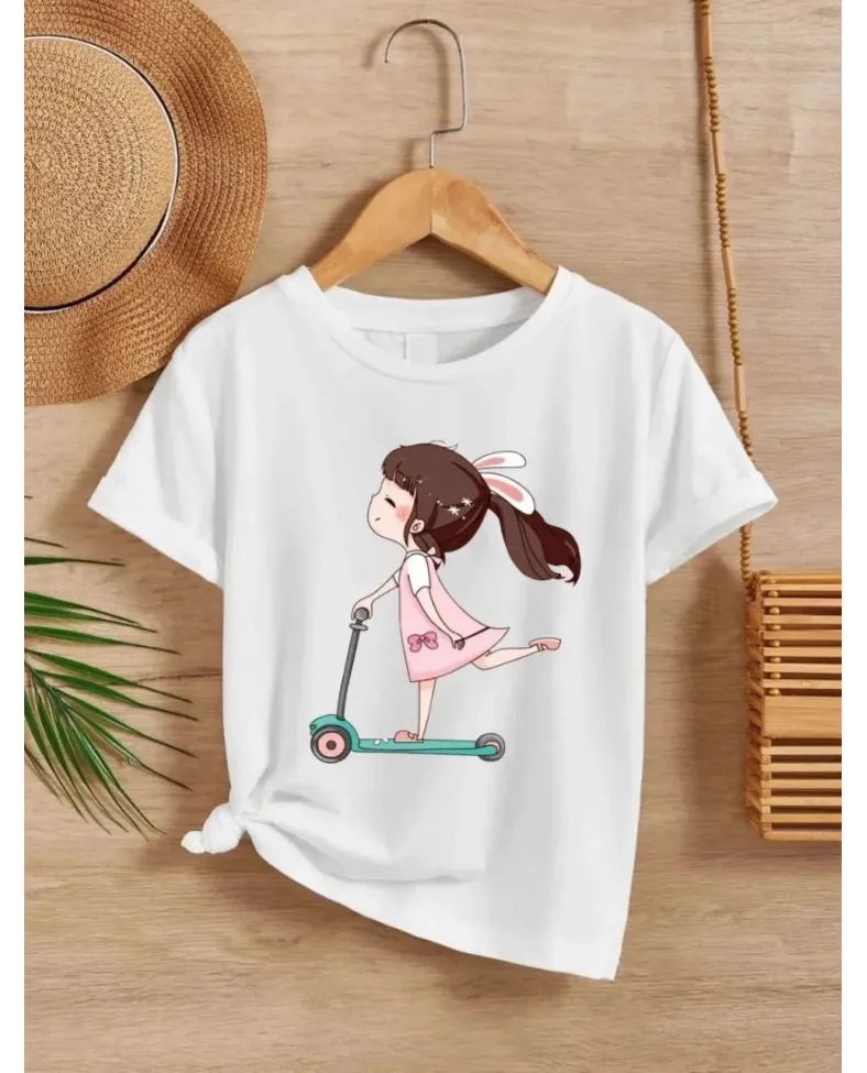 Kız Çocuk Bisiklet Yaka Baskılı - Beyaz