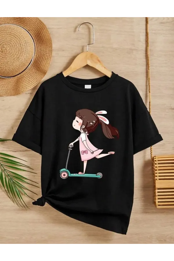 Kız Çocuk Bisiklet Yaka Baskılı T-Shirt - Siyah