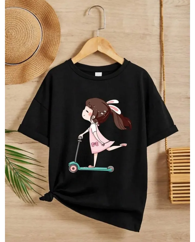 Kız Çocuk Bisiklet Yaka Baskılı T-Shirt - Siyah