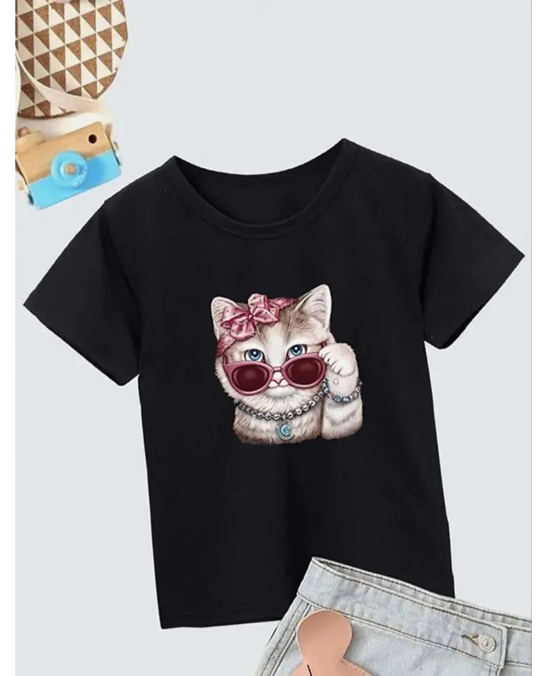 Kız Çocuk Bisiklet Yaka Baskılı T-Shirt - Siyah