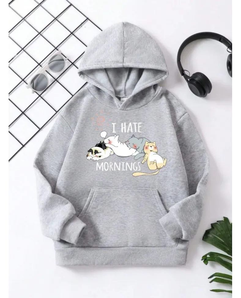 Çocuk Unisex Kapüşonlu Kedicik Baskılı Pamuklu Sweatshirt - Gri