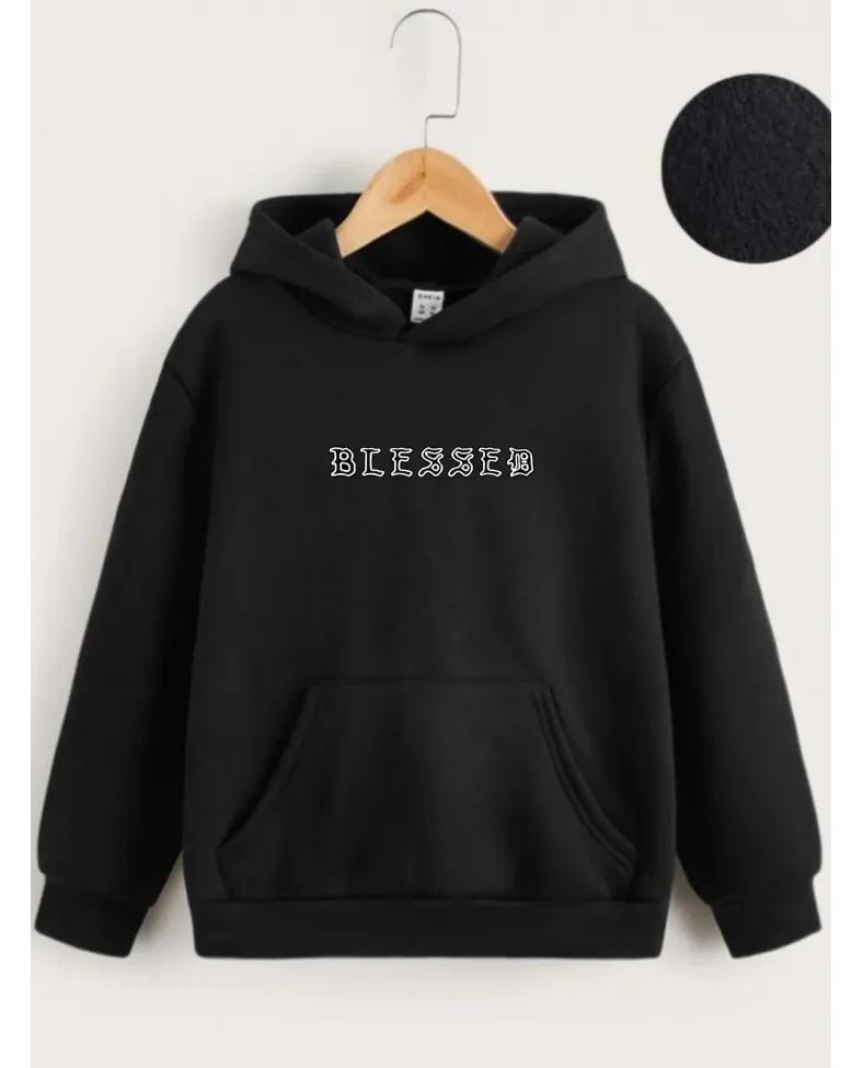 Çocuk Unisex Kapüşonlu Ön ve Arka Blessed Baskılı Sweatshirt - Siyah