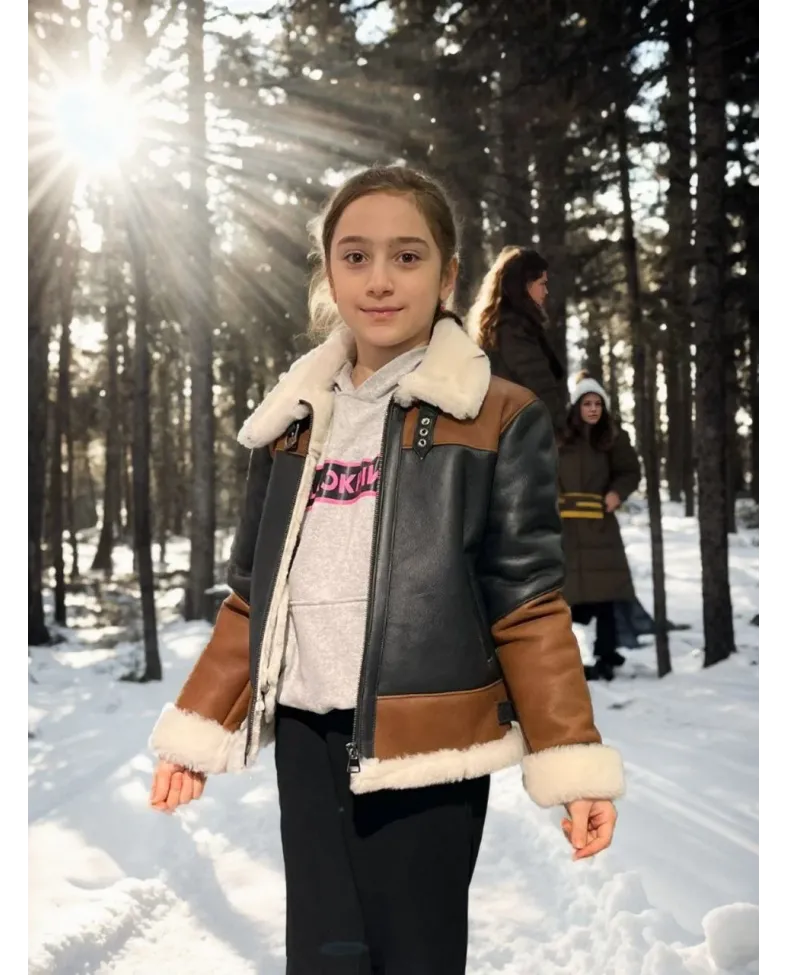 Çocuk Yakalı Parçalı Kürk - Kahve