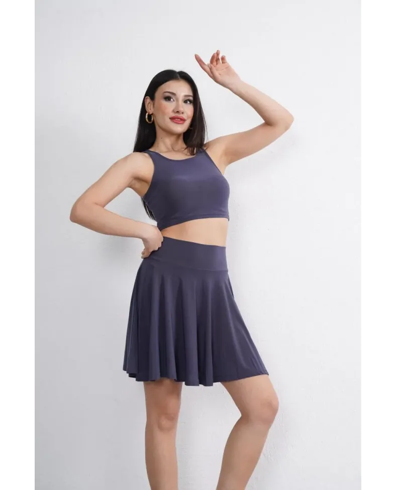 Sendy Kumaş Bisiklet Yaka Crop Şortlu Etek ikili Takım - Antrasit