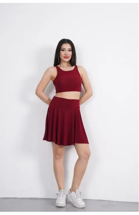 Sendy Kumaş Bisiklet Yaka Crop Şortlu Etek ikili Takım - Bordo