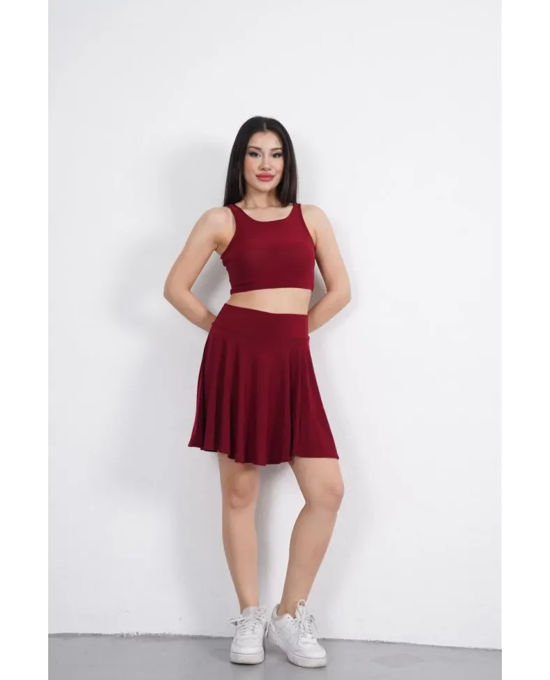 Sendy Kumaş Bisiklet Yaka Crop Şortlu Etek ikili Takım - Bordo