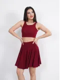 Sendy Kumaş Bisiklet Yaka Crop Şortlu Etek ikili Takım - Bordo