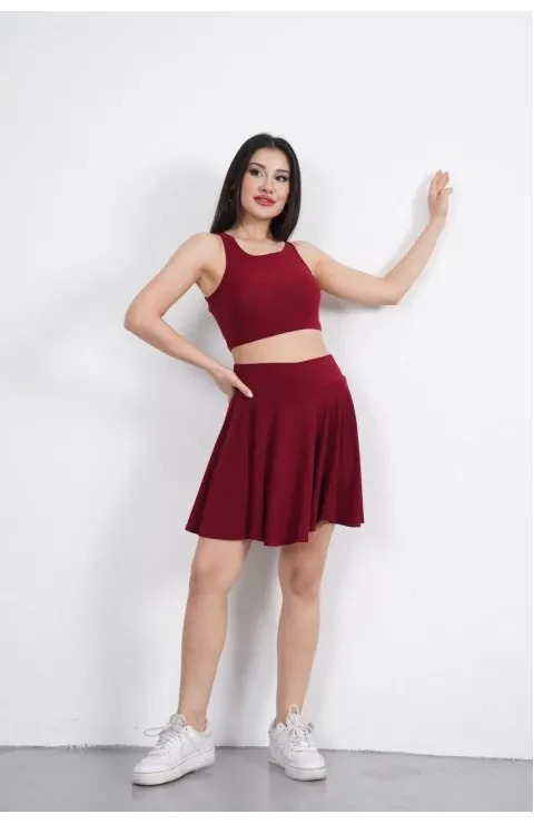 Sendy Kumaş Bisiklet Yaka Crop Şortlu Etek ikili Takım - Bordo