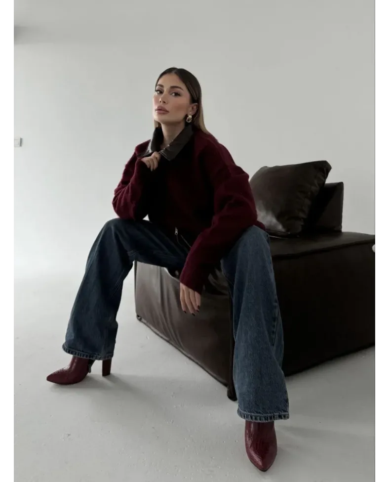Deri Yakalı Pamuk dokulu Çift Taraflı Çalışan Fermuar Ceket - Bordo