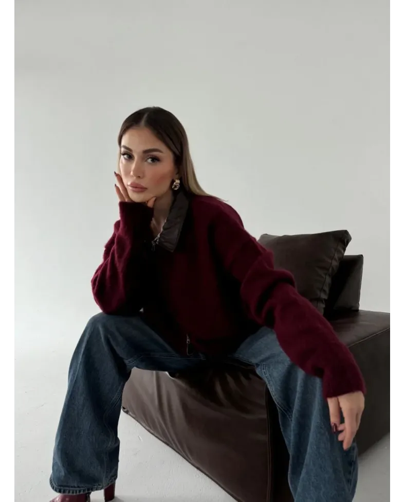 Deri Yakalı Pamuk dokulu Çift Taraflı Çalışan Fermuar Ceket - Bordo