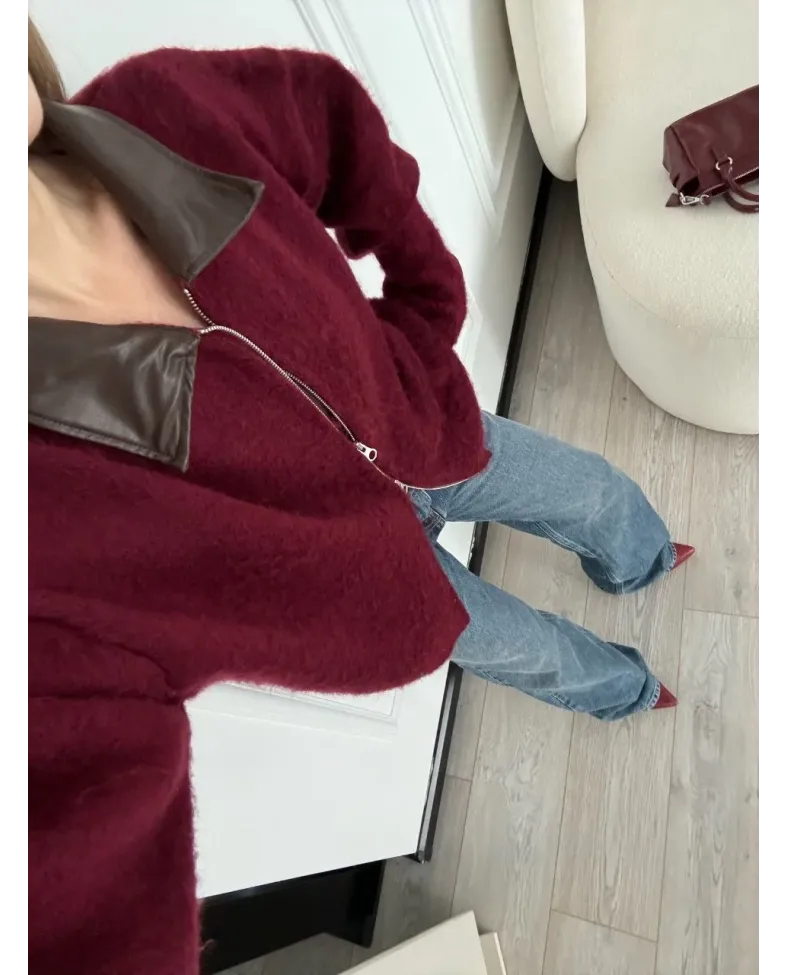 Deri Yakalı Pamuk dokulu Çift Taraflı Çalışan Fermuar Ceket - Bordo