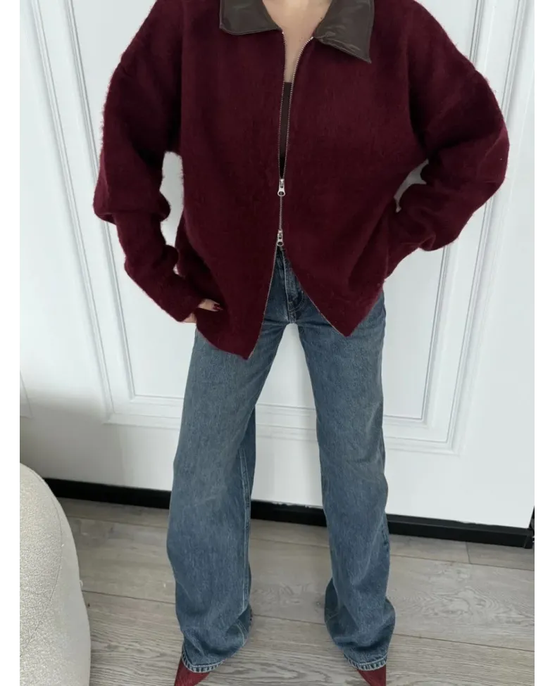 Deri Yakalı Pamuk dokulu Çift Taraflı Çalışan Fermuar Ceket - Bordo