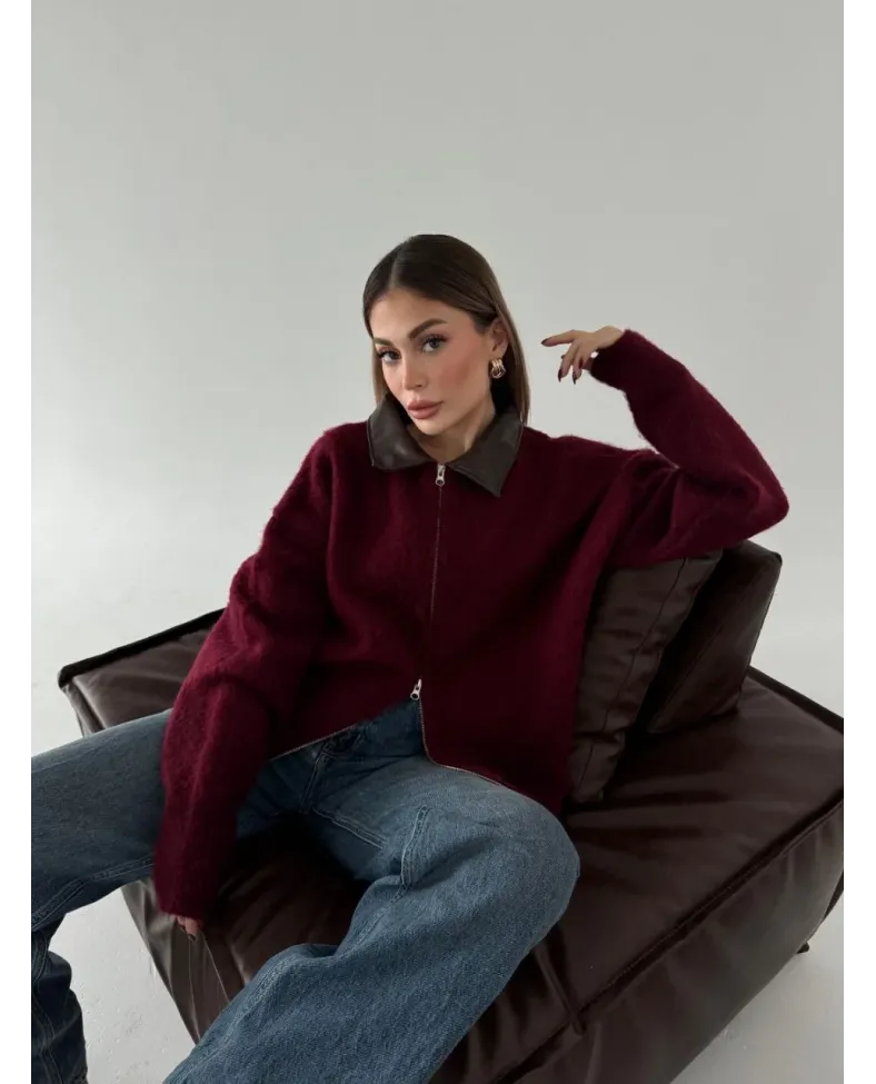 Deri Yakalı Pamuk dokulu Çift Taraflı Çalışan Fermuar Ceket - Bordo