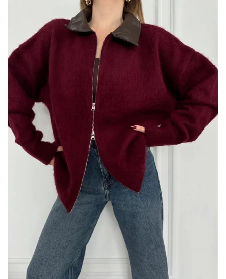 Deri Yakalı Pamuk dokulu Çift Taraflı Çalışan Fermuar Ceket - Bordo