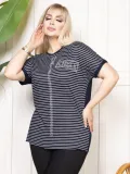 Kadın Büyük Beden Çizgili Taş Detaylı Kısa Kollu Likralı Viskon Tişört - Lacivert