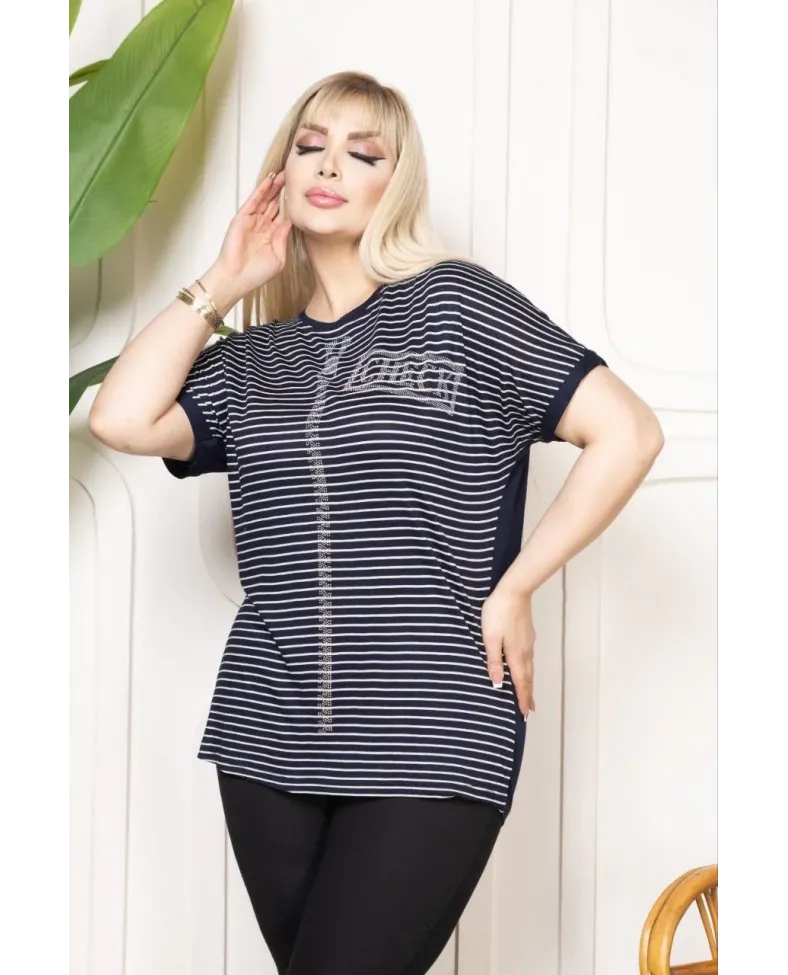 Kadın Büyük Beden Çizgili Taş Detaylı Kısa Kollu Likralı Viskon Tişört - Lacivert