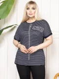 Kadın Büyük Beden Çizgili Taş Detaylı Kısa Kollu Likralı Viskon Tişört - Lacivert
