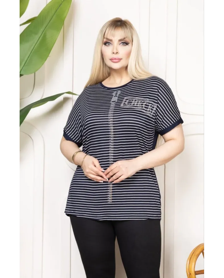 Kadın Büyük Beden Çizgili Taş Detaylı Kısa Kollu Likralı Viskon Tişört - Lacivert
