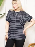 Kadın Büyük Beden Çizgili Taş Detaylı Kısa Kollu Likralı Viskon Tişört - Lacivert