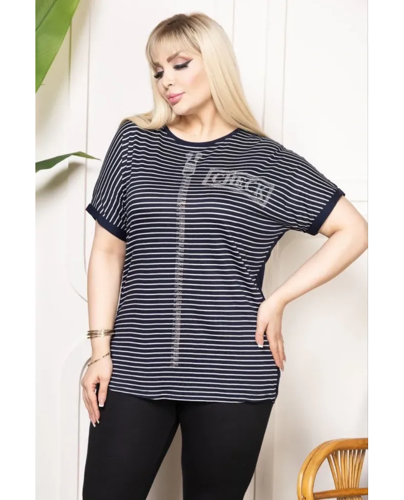 Kadın Büyük Beden Çizgili Taş Detaylı Kısa Kollu Likralı Viskon Tişört - Lacivert
