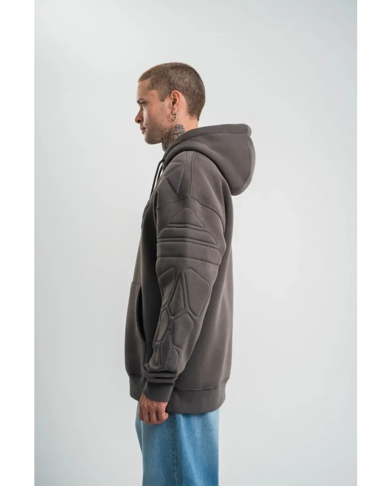 Erkek Nakış İşlemeli Kapşonlu Antrasit Sweatshirt Üç İplik Double Oversize- Füme