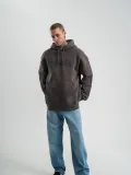 Erkek Nakış İşlemeli Kapşonlu Antrasit Sweatshirt Üç İplik Double Oversize- Füme
