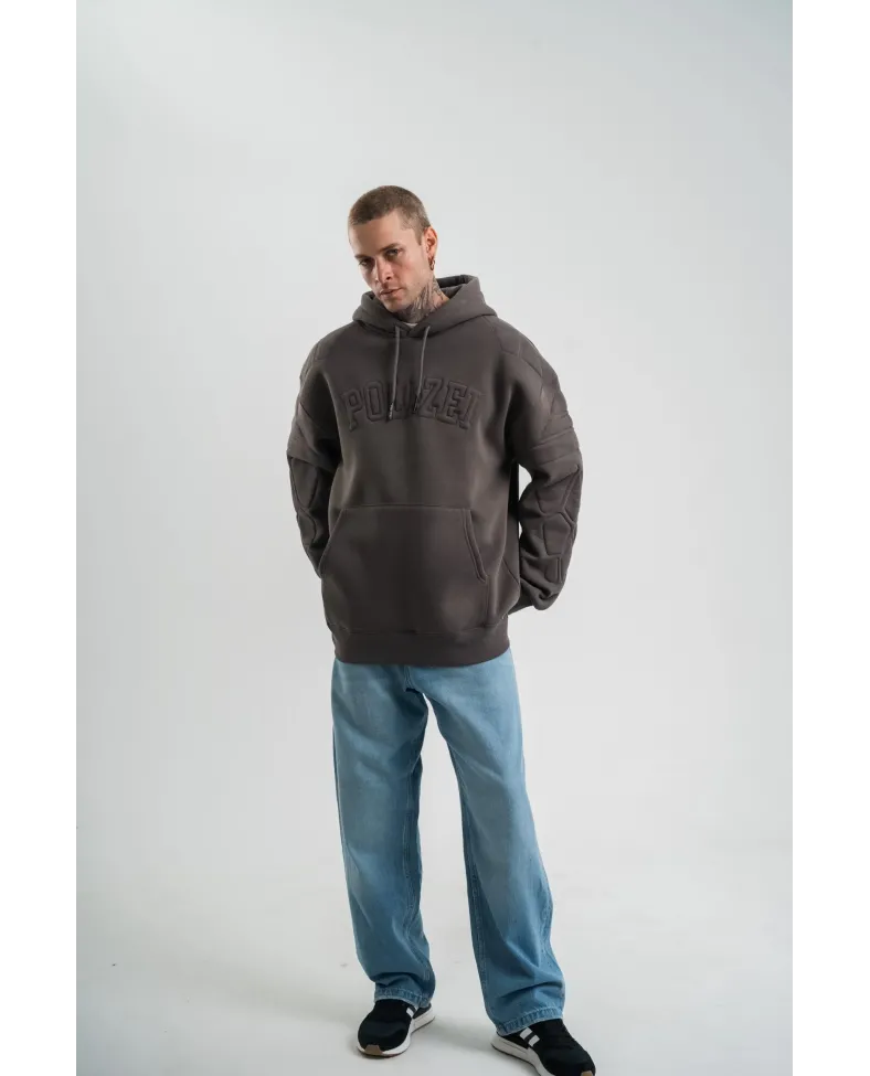 Erkek Nakış İşlemeli Kapşonlu Antrasit Sweatshirt Üç İplik Double Oversize- Füme