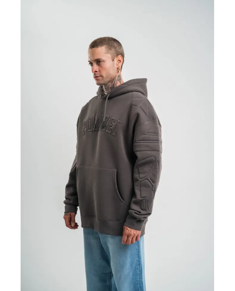 Erkek Nakış İşlemeli Kapşonlu Antrasit Sweatshirt Üç İplik Double Oversize- Füme