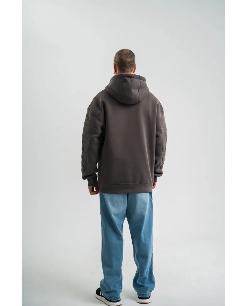 Erkek Nakış İşlemeli Kapşonlu Antrasit Sweatshirt Üç İplik Double Oversize- Füme