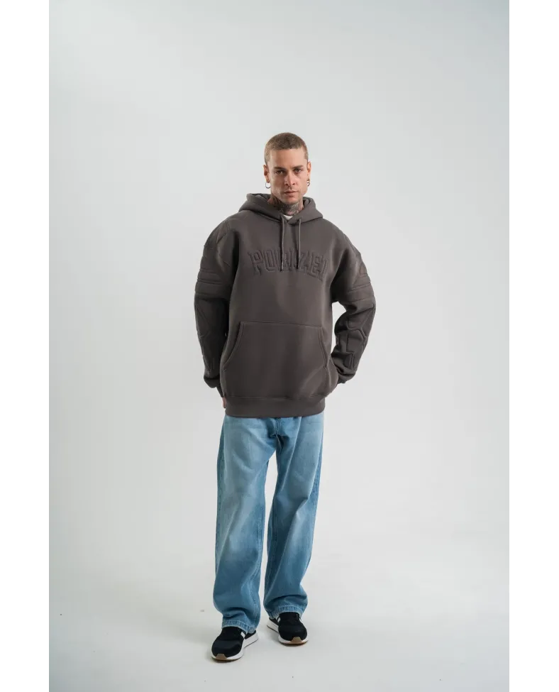 Erkek Nakış İşlemeli Kapşonlu Antrasit Sweatshirt Üç İplik Double Oversize- Füme