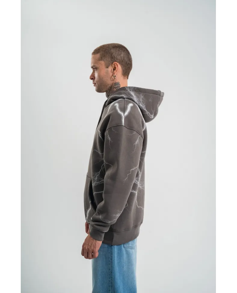 Erkek Şimşek Baskılı Kapşonlu Sweatshirt Üç İplik Pamuklu Kanguru Cepli Double - Füme