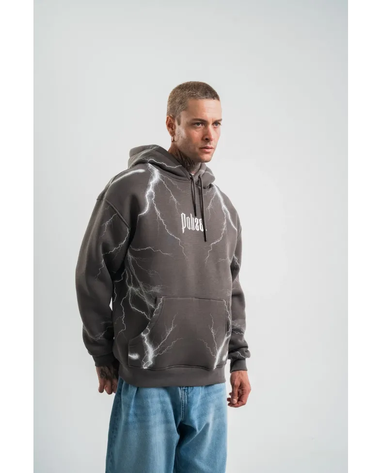 Erkek Şimşek Baskılı Kapşonlu Sweatshirt Üç İplik Pamuklu Kanguru Cepli Double - Füme