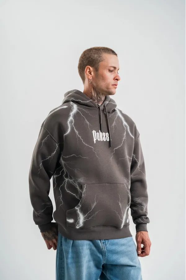 Erkek Şimşek Baskılı Kapşonlu Sweatshirt Üç İplik Pamuklu Kanguru Cepli Double - Füme