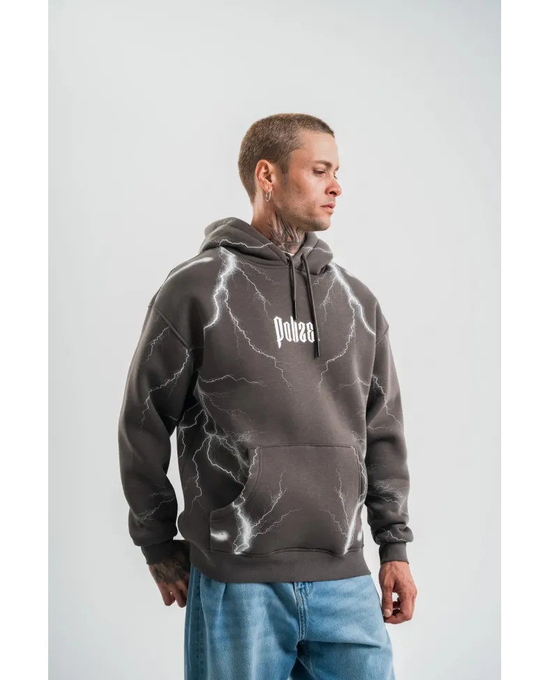 Erkek Şimşek Baskılı Kapşonlu Sweatshirt Üç İplik Pamuklu Kanguru Cepli Double - Füme