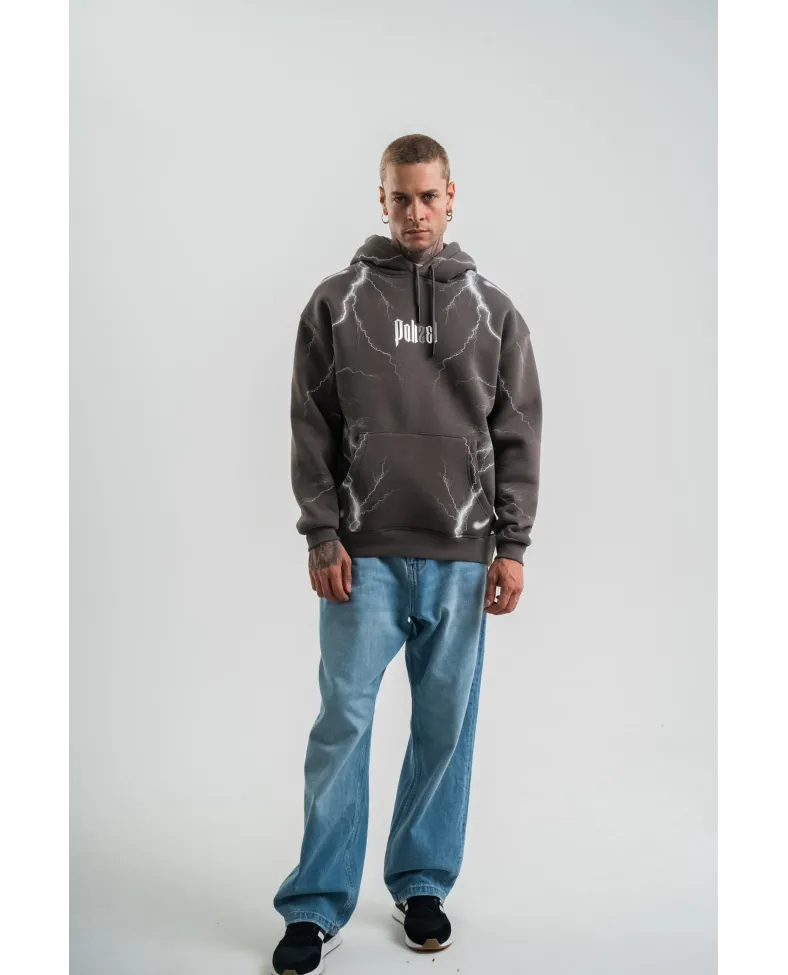 Erkek Şimşek Baskılı Kapşonlu Sweatshirt Üç İplik Pamuklu Kanguru Cepli Double - Füme