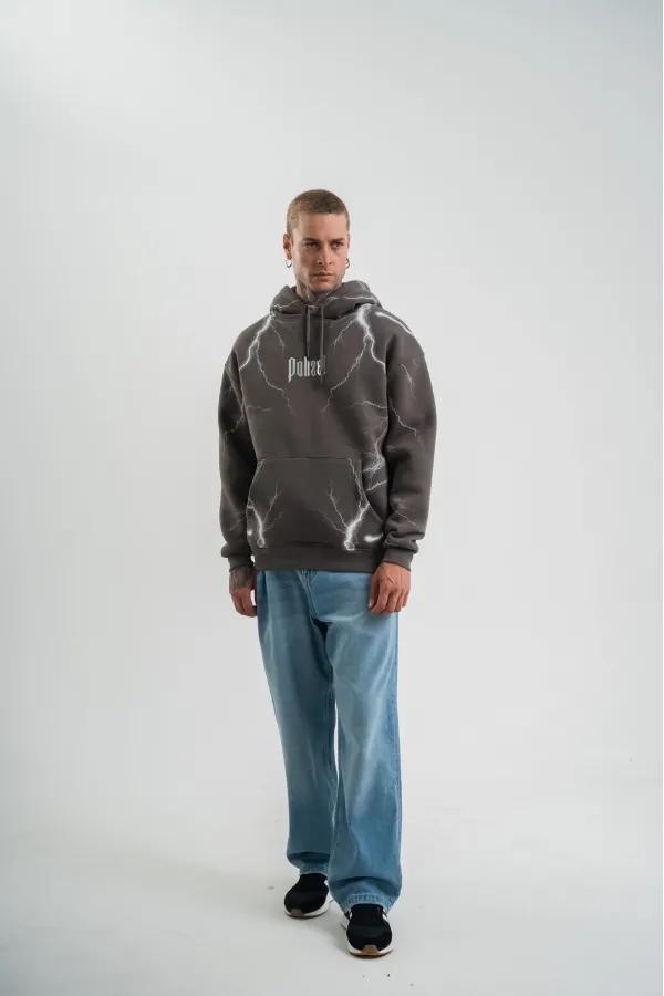 Erkek Şimşek Baskılı Kapşonlu Sweatshirt Üç İplik Pamuklu Kanguru Cepli Double - Füme