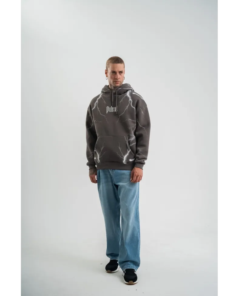 Erkek Şimşek Baskılı Kapşonlu Sweatshirt Üç İplik Pamuklu Kanguru Cepli Double - Füme