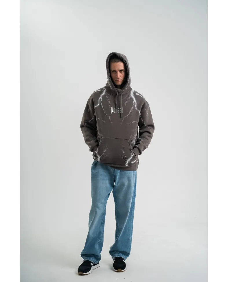 Erkek Şimşek Baskılı Kapşonlu Sweatshirt Üç İplik Pamuklu Kanguru Cepli Double - Füme