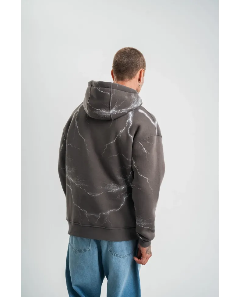 Erkek Şimşek Baskılı Kapşonlu Sweatshirt Üç İplik Pamuklu Kanguru Cepli Double - Füme