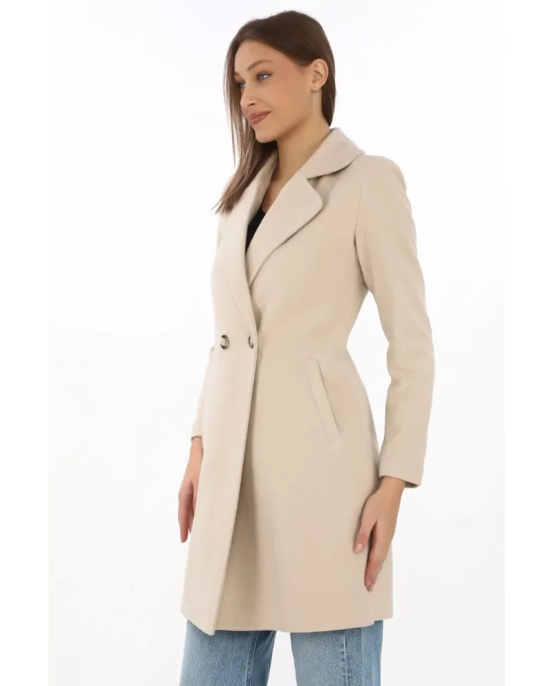 Kadın Kaşe Kaban Siyah Yünlü Dokuma Kruvaze Yaka Astarlı Cepli Kuşaklı Uzun Boy - Bej