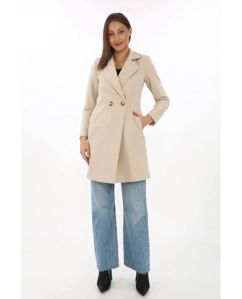 Kadın Kaşe Kaban Siyah Yünlü Dokuma Kruvaze Yaka Astarlı Cepli Kuşaklı Uzun Boy - Bej