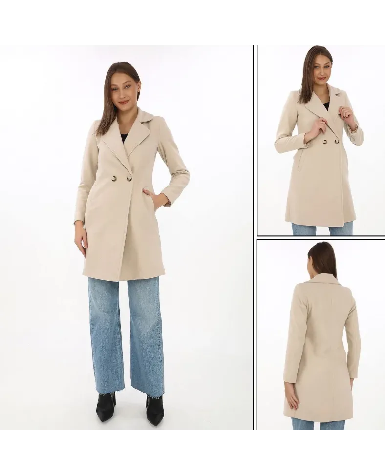 Kadın Kaşe Kaban Siyah Yünlü Dokuma Kruvaze Yaka Astarlı Cepli Kuşaklı Uzun Boy - Bej