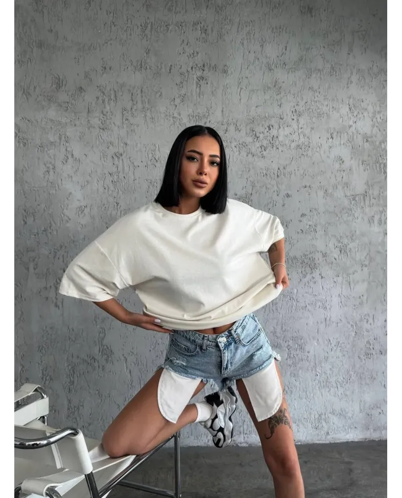 kadın  Düz Biskilet Yaka Oversize T-shirt - Beyaz