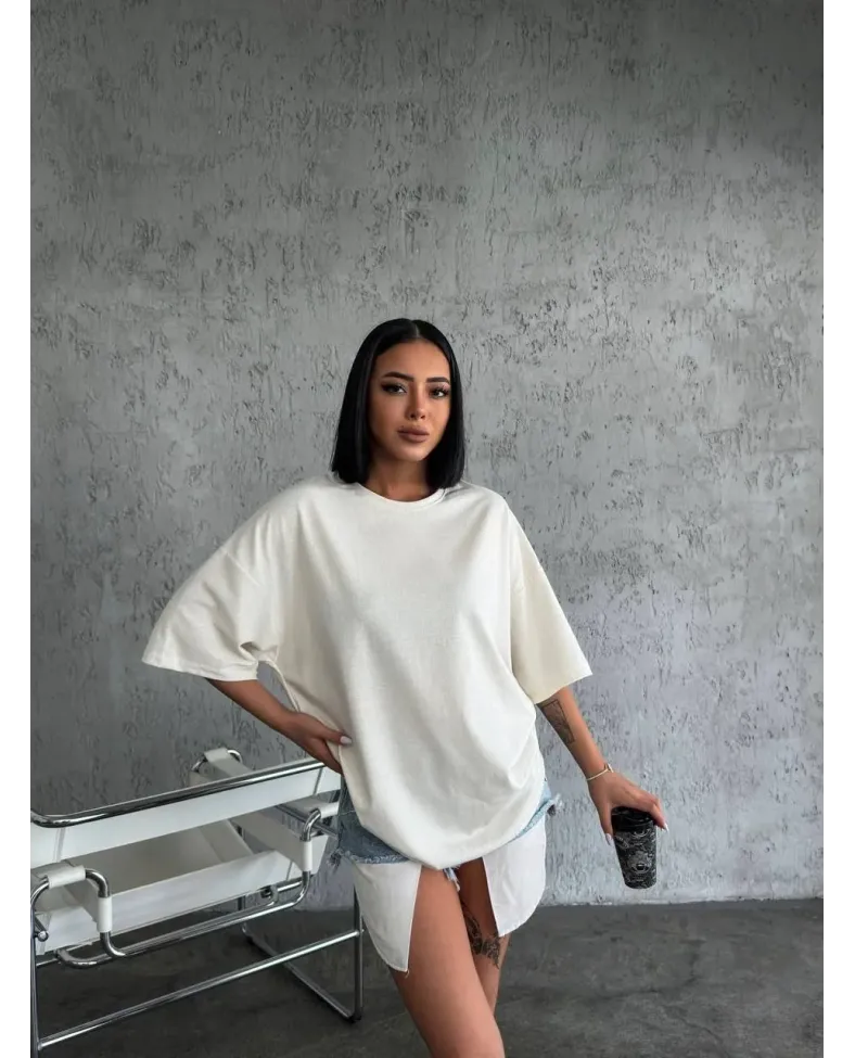 kadın  Düz Biskilet Yaka Oversize T-shirt - Beyaz